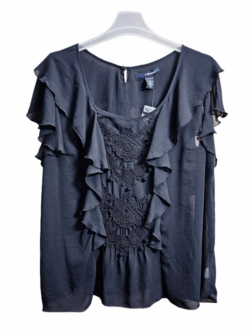Denim 24/7 Womens Black Sheer Lace Crochet Chiffon Cap Sleeve Ruffle Blouse 22W - Picture 2 of 9